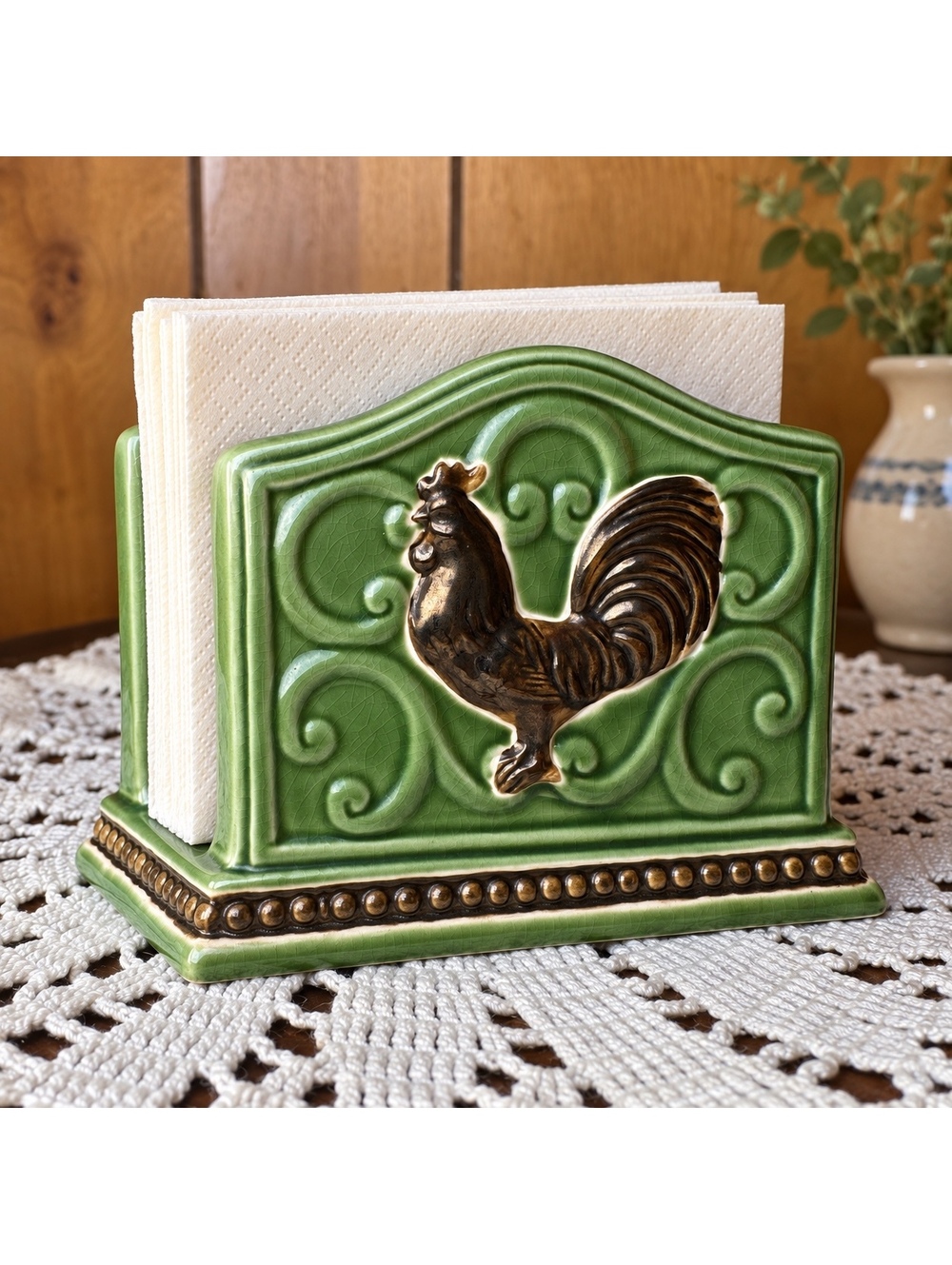 Vintage Rooster Napkin Holder Cracker Barrel Green Ceramic Farmhouse Kitchen